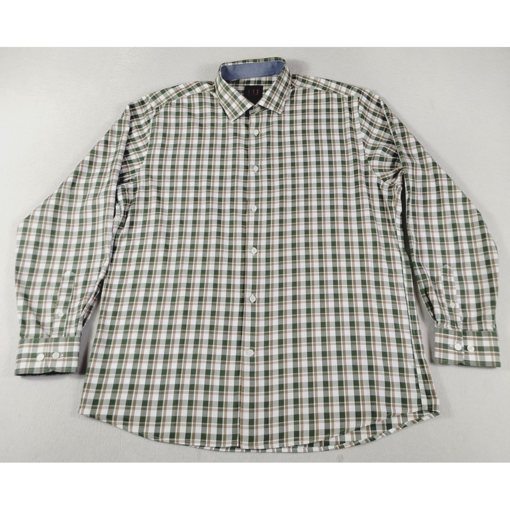 Linea Uomo Shirt Mens XL Green Brown Plaid Stretch Long Sleeve Business Casual